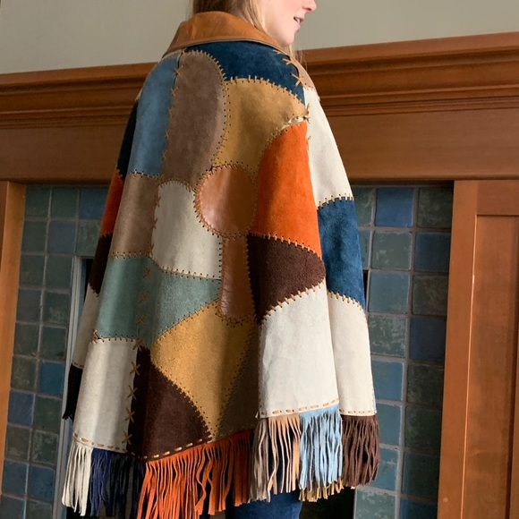 Leather cape, suede leather patchwork poncho, leather fringe cape, hippy clothes - Picture 3 of 9